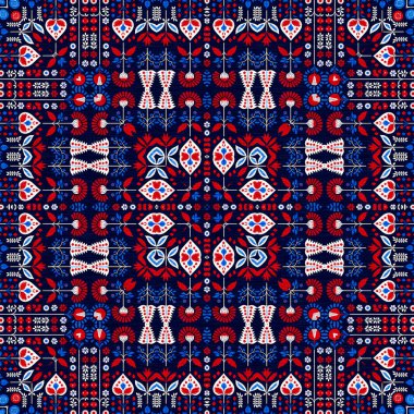 Folkart quilt whimsical pattern. Norwegian style European cloth. Patchwork red white blue trendy allover print