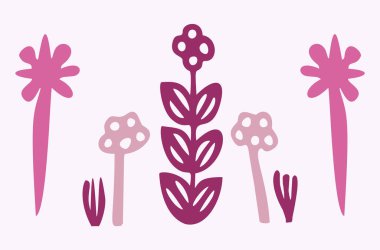 Quirky vector botanical plant set. Whimsical collection of flower illustration for viva magenta color of the year