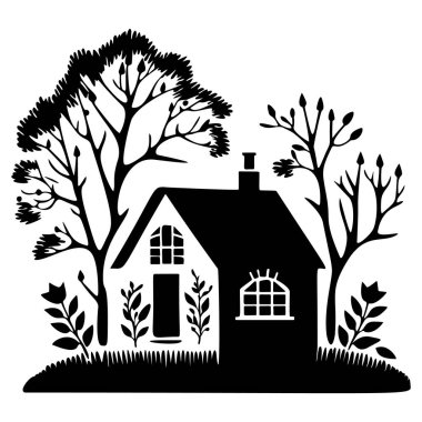 Çiftlik yeri tarzı şirin kır evi motifi. Kırsal evlerin ilginç illüstrasyonları