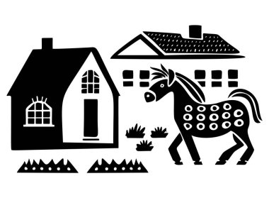 Cute rustic barn motif in homestead vintage style. Vector illustration of whimsical rural country house with horse