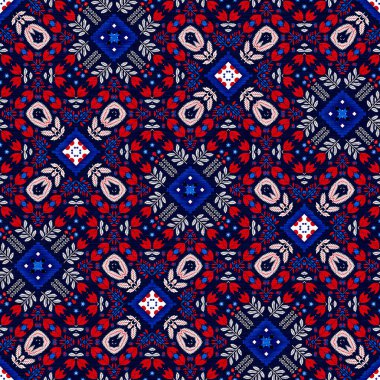 Folkart quilt traditional pattern. Patchwork red white blue trendy allover print. Norwegian style European cloth