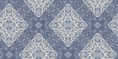 Farm house blue intricate damask seamless border. Tonal french country cottage style trim. Simple rustic fabric textile for shabby chic patchwork