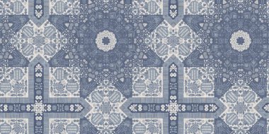 Farm house blue damask seamless border. Tonal french intricate cottage style trim. Simple rustic fabric textile for shabby chic patchwork