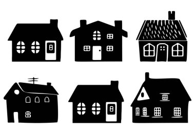 Collection of cute house illustration set. Vector set of village buildings in rustic homestead style