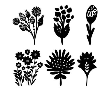 Folkart flower vector illustration set . Botanical kids scandi garden botanicals collection