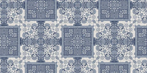 Farm house blue damask seamless border. Tonal french intricate cottage style trim. Simple rustic fabric textile for shabby chic patchwork