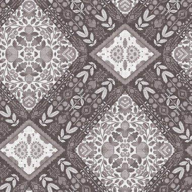 French style grey intricate damask seamless pattern. 2 Tone country cottage background. Simple rustic fabric textile for shabby chic patchwork.
