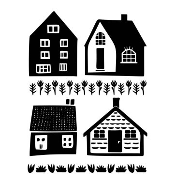 Collection of cute house illustration set. Vector set of village buildings in rustic homestead style