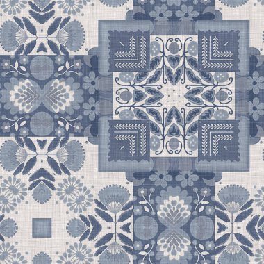 Farm house blue intricate damask seamless pattern. Tonal french country cottage style background. Simple rustic fabric textile for shabby chic patchwork