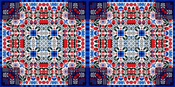 Folkart quilt traditional border. Patchwork red white blue trendy trim. Norwegian style European cloth