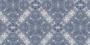 Farm house blue intricate damask seamless border. Tonal french country cottage style trim. Simple rustic fabric textile for shabby chic patchwork