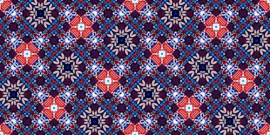Folkart quilt traditional border. Patchwork red white blue trendy trim. Norwegian style European cloth