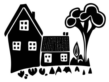 Şirin ev çizimleri koleksiyonu. Köy binalarının taşıyıcı kümesi kırsal çiftlik tarzı