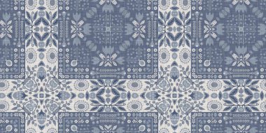 Farm house blue damask seamless border. Tonal french intricate cottage style trim. Simple rustic fabric textile for shabby chic patchwork