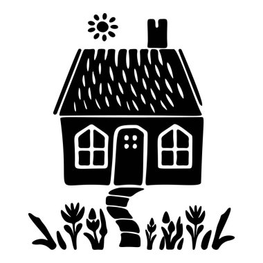 Çiftlik yeri tarzı şirin kır evi motifi. Kırsal evlerin ilginç illüstrasyonları