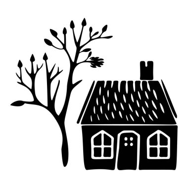 Çiftlik yeri tarzı şirin kır evi motifi. Kırsal evlerin ilginç illüstrasyonları