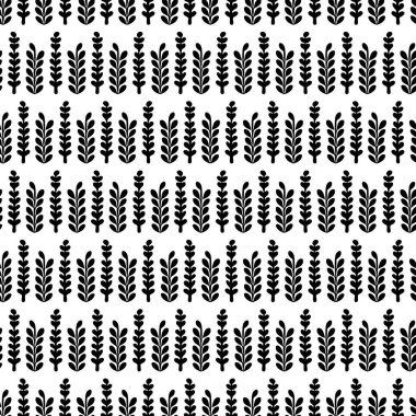 Monochrome folk art floral seamless vector pattern. Endless repeat of botanical bloom background