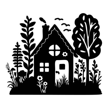 Çiftlik yeri tarzı şirin kır evi motifi. Kırsal evlerin ilginç illüstrasyonları