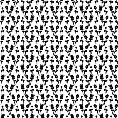 Monochrome folk art floral seamless vector pattern. Endless repeat of botanical bloom background