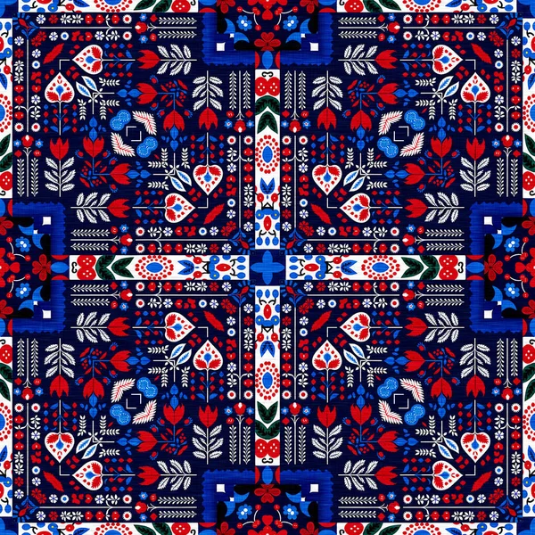 Folkart Quilt Whimsical Pattern Norwegian Style European Cloth Patchwork Red — Stockfoto