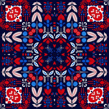 Folkart quilt traditional pattern. Patchwork red white blue trendy allover print. Norwegian style European cloth