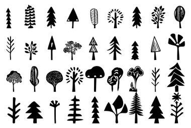 Set of woodland tree vector motifs. Collection of botanical forest illustrations