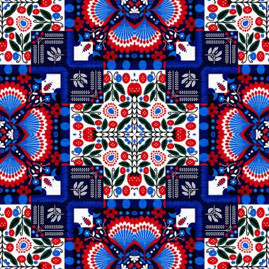 Folkart quilt whimsical pattern. Norwegian style European cloth. Patchwork red white blue trendy allover print