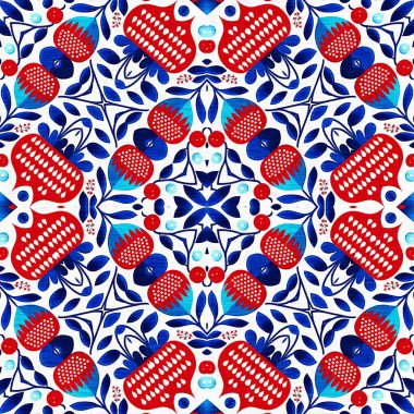 Folkart quilt traditional pattern. Patchwork red white blue trendy allover print. Norwegian style European cloth