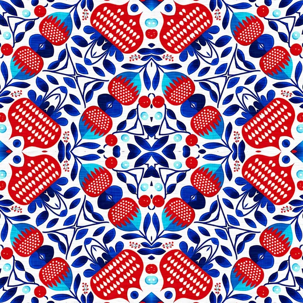 Folkart quilt traditional pattern. Patchwork red white blue trendy allover print. Norwegian style European cloth