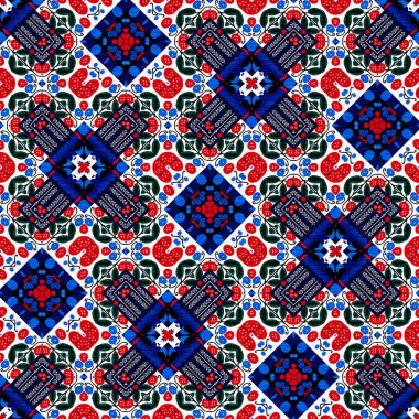 Folkart quilt traditional pattern. Patchwork red white blue trendy allover print. Norwegian style European cloth