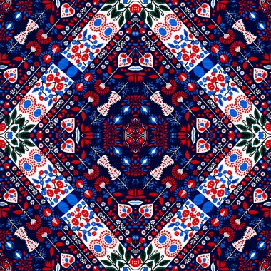 Folkart quilt traditional pattern. Patchwork red white blue trendy allover print. Norwegian style European cloth
