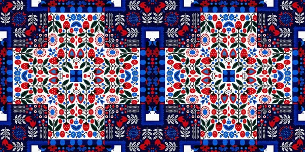 Folkart Quilt Whimsical Border Norwegian Style European Cloth Patchwork Red — Photo