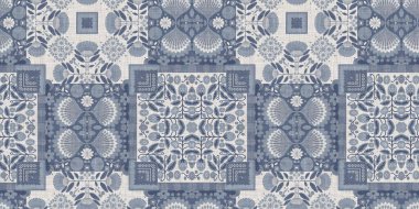 Farm house blue damask seamless border. Tonal french intricate cottage style trim. Simple rustic fabric textile for shabby chic patchwork
