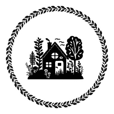 Çiftlik yeri tarzı şirin kır evi motifi. Kırsal evlerin ilginç illüstrasyonları