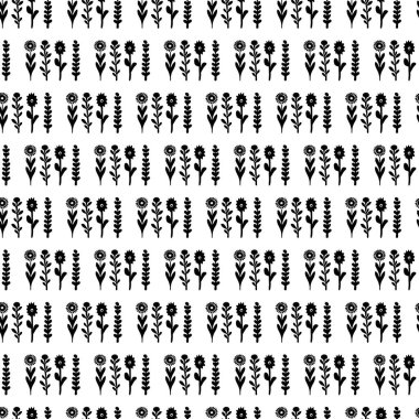 Monochrome folk art floral seamless vector pattern. Endless repeat of botanical bloom background