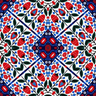 Folkart quilt whimsical pattern. Norwegian style European cloth. Patchwork red white blue trendy allover print