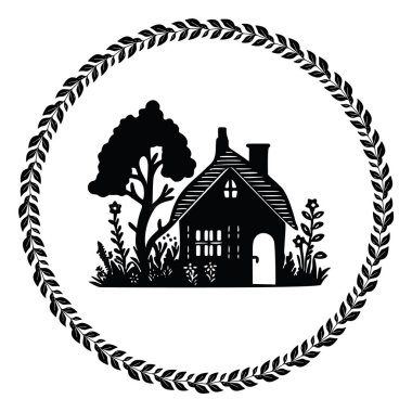 Çiftlik yeri tarzı şirin kır evi motifi. Kırsal evlerin ilginç illüstrasyonları