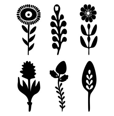 Folkart flower vector illustration set . Botanical kids scandi garden botanicals collection