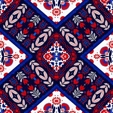 Folkart quilt traditional pattern. Patchwork red white blue trendy allover print. Norwegian style European cloth