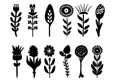 Folkart flower vector illustration set . Botanical kids scandi garden botanicals collection