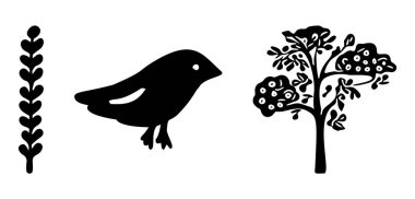 Set of bird and botanical vector motif. Collection of garden wildlife and woodland songbirds