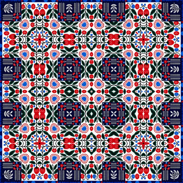 Folkart Quilt Whimsical Pattern Norwegian Style European Cloth Patchwork Red — Foto Stock