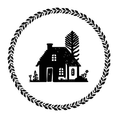 Çiftlik yeri tarzı şirin kır evi motifi. Kırsal evlerin ilginç illüstrasyonları