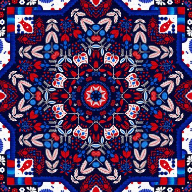 Folkart quilt traditional pattern. Patchwork red white blue trendy allover print. Norwegian style European cloth