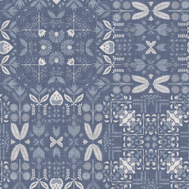 Farm house blue intricate country cottage seamless pattern. Tonal french damask style background. Simple rustic fabric textile for shabby chic patchwork