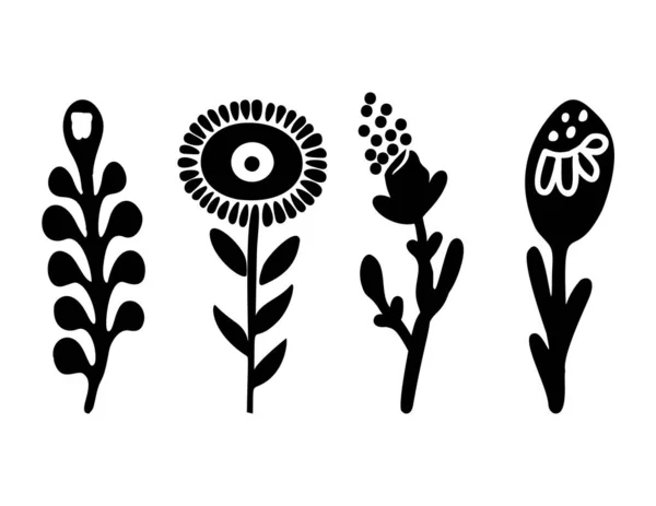 Folkart Flower Vector Illustration Set Botanical Kids Scandi Garden Botanicals — Stok Vektör