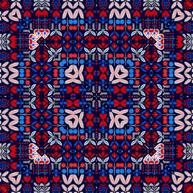 Folkart quilt traditional pattern. Patchwork red white blue trendy allover print. Norwegian style European cloth
