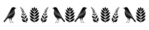 Monochrome Bird Bordure Edging Wildlife Trim Botanical Linear Strip — Stock Vector