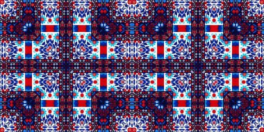 Folkart quilt traditional border. Patchwork red white blue trendy trim. Norwegian style European cloth