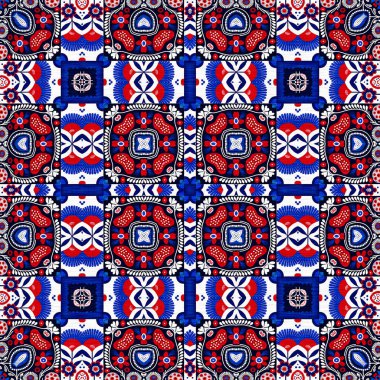 Folkart quilt traditional pattern. Patchwork red white blue trendy allover print. Norwegian style European cloth